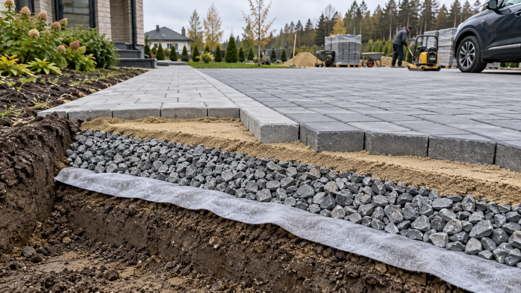 Слои основания под дорожкой и автомобильным въездом из тротуарной плитки