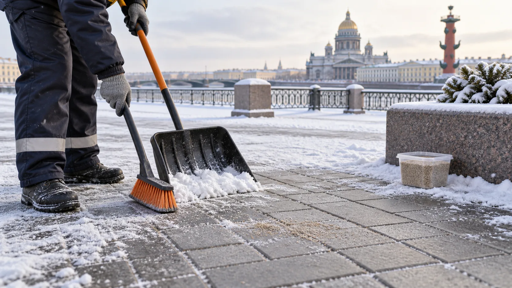 Безопасная зимняя уборка снега с тротуарной плитки