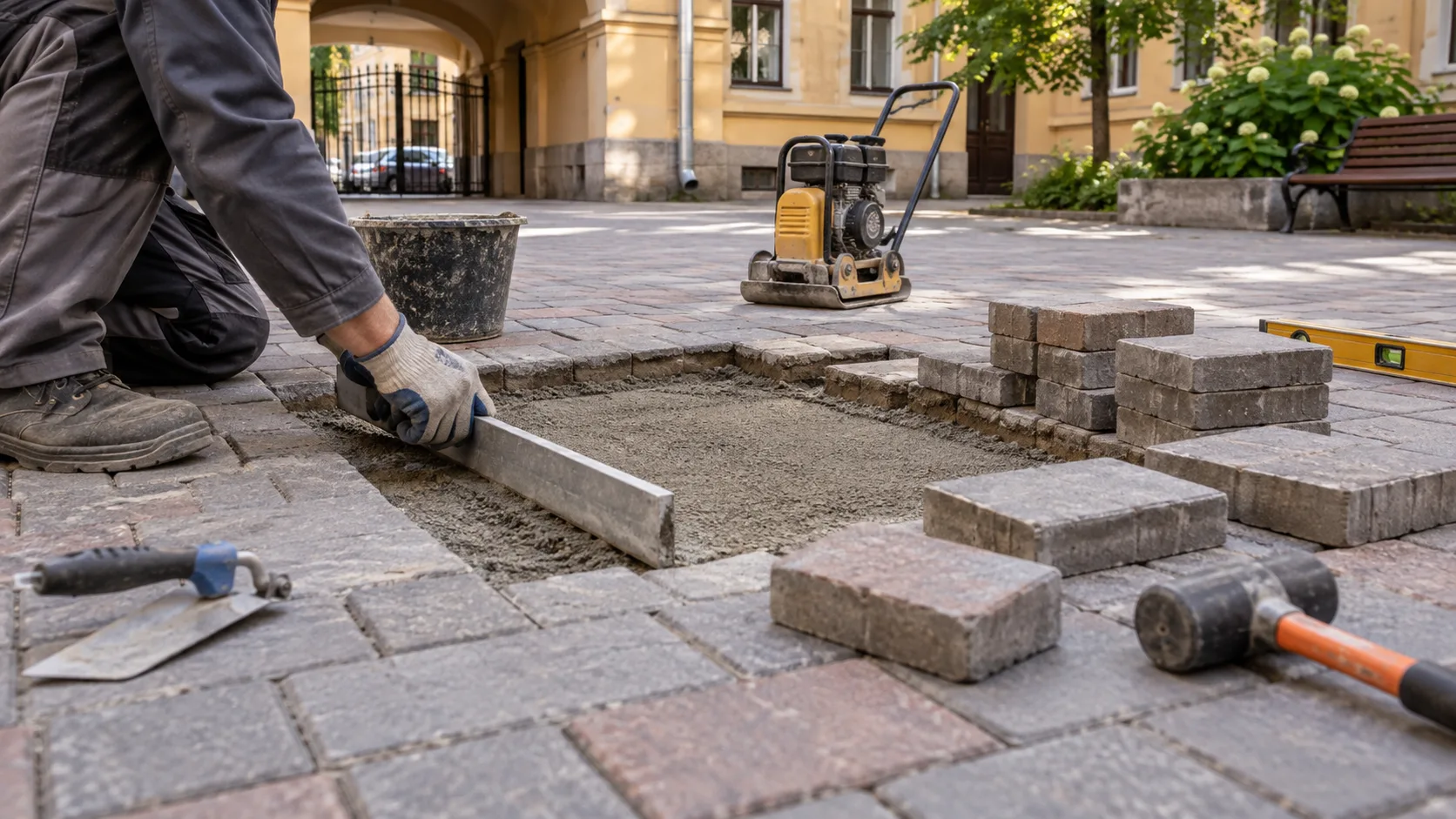 Локальный ремонт просевшего участка тротуарной плитки